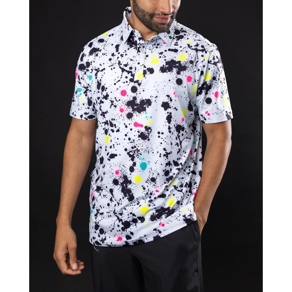 Sunday Swagger Mens 2XL Paint Splatter Performance Golf Polo Shirt Neon White